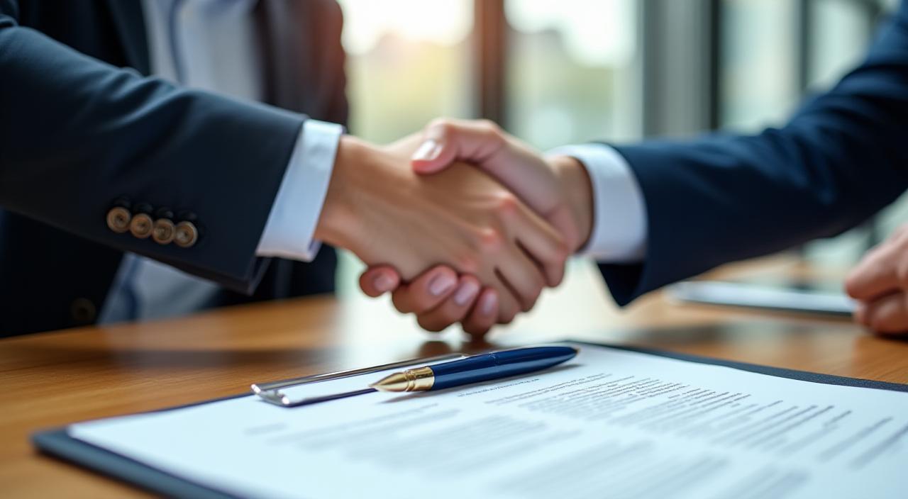 Two professionals shaking hands over a signed legal document in a bright London office