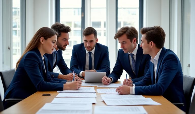 Team reviewing legal documentation for a compliance audit