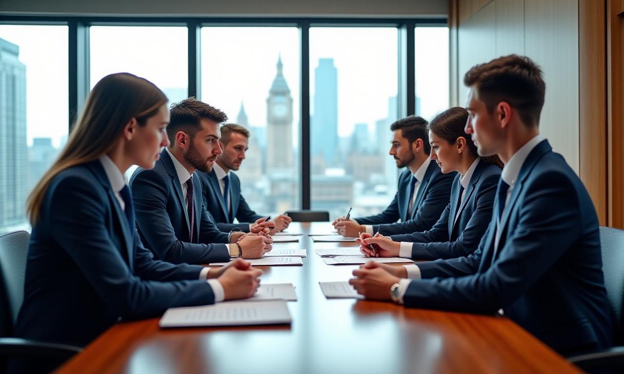 Professional legal team conducting a high-stakes contract negotiation in a London boardroom